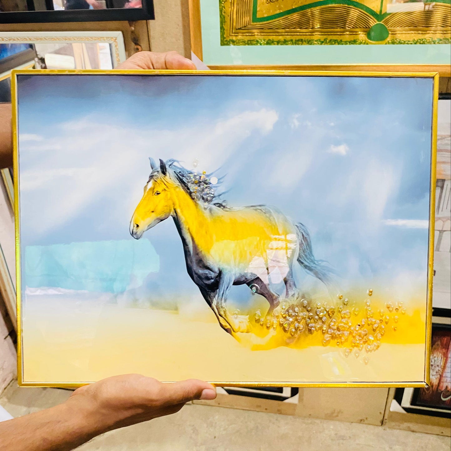 Golden Running Horse Wall Art – Luxury Animal Painting Frame (Motivational Energy Artwork)